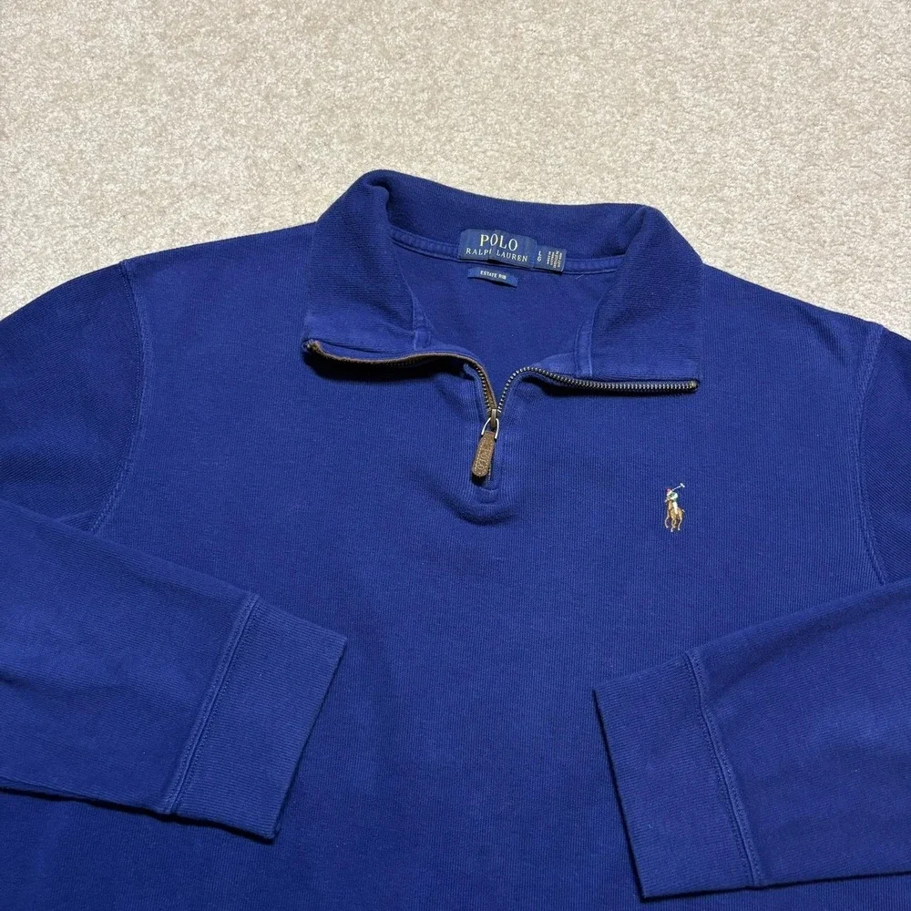 Polo Ralph Lauren Sweater Mens Large Blue Estate Rib 1/4 Zip Pullover Mock Neck